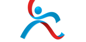 Figure stylisée composée de lignes courbes bleues et rouges avec un cercle bleu pour tête, formant une représentation abstraite d'une personne en mouvement, parfaite comme en-tête dynamique pour le site Web de la FITAC. fitness academy luxembourg par david blondiau